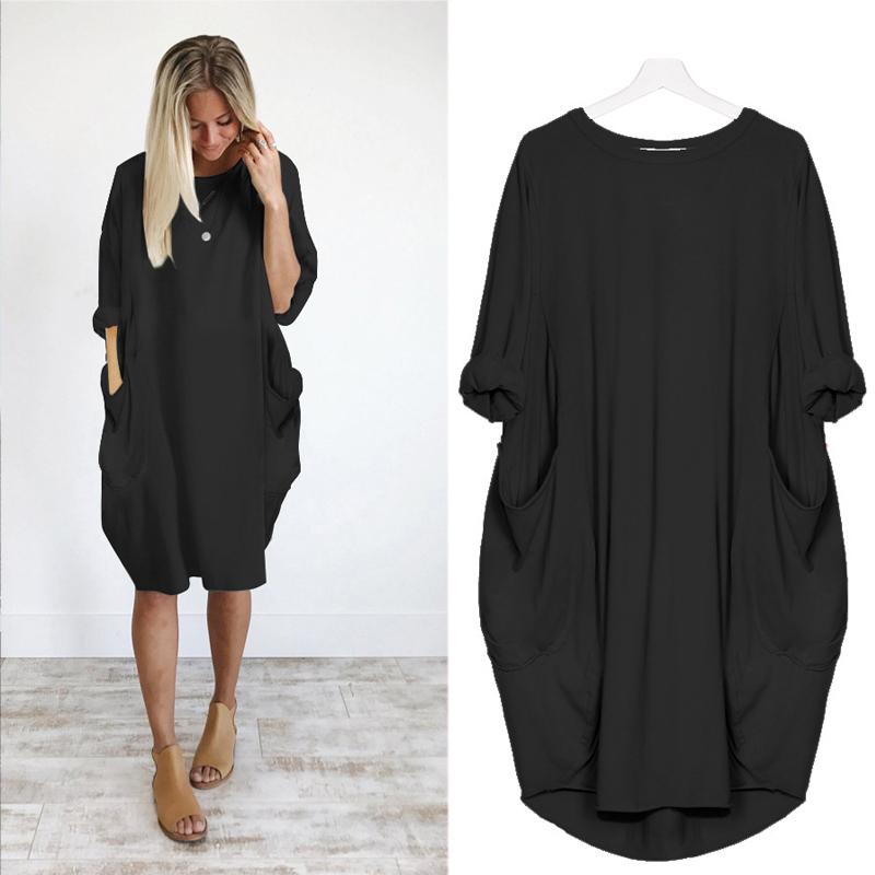 Women Casual Loose Dress With Pocket Ladies Fashion O Neck Long Tops Female T Shirt Dress Streetwear