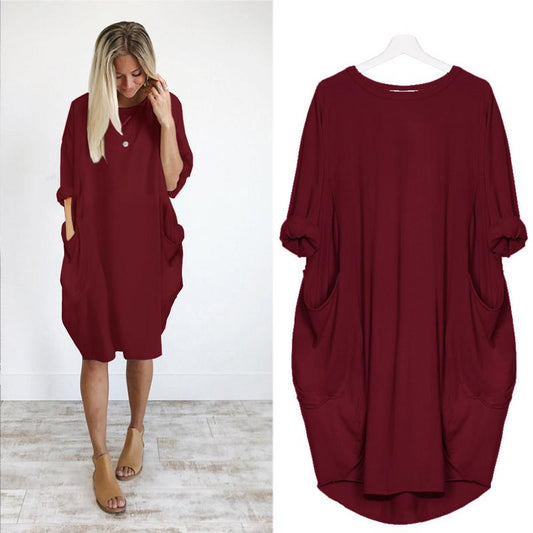 Women Casual Loose Dress With Pocket Ladies Fashion O Neck Long Tops Female T Shirt Dress Streetwear