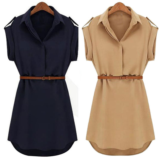 Women Casual Summer Shirt Dress Loose Short Sleeve Dress With Belt Turn Down Collar