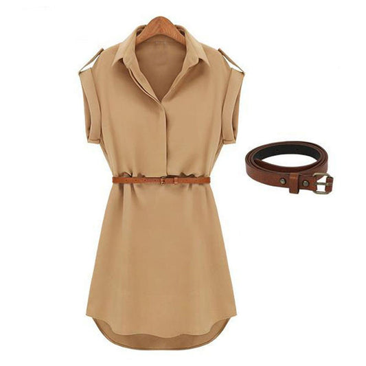 Women Casual Summer Shirt Dress Loose Short Sleeve Dress With Belt Turn Down Collar