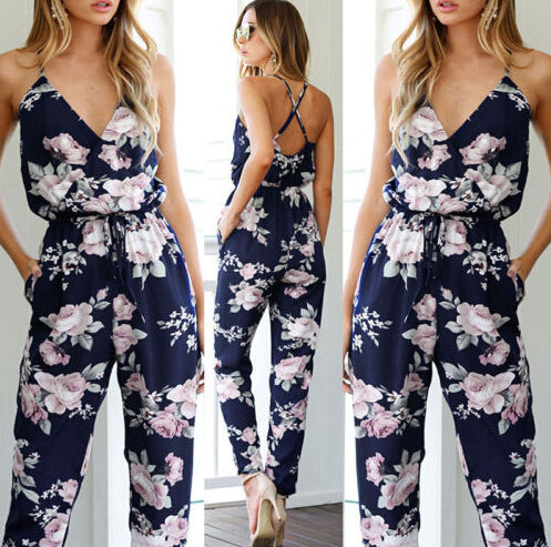 Wide Leg Floral Backless V Neck Jumpsuits