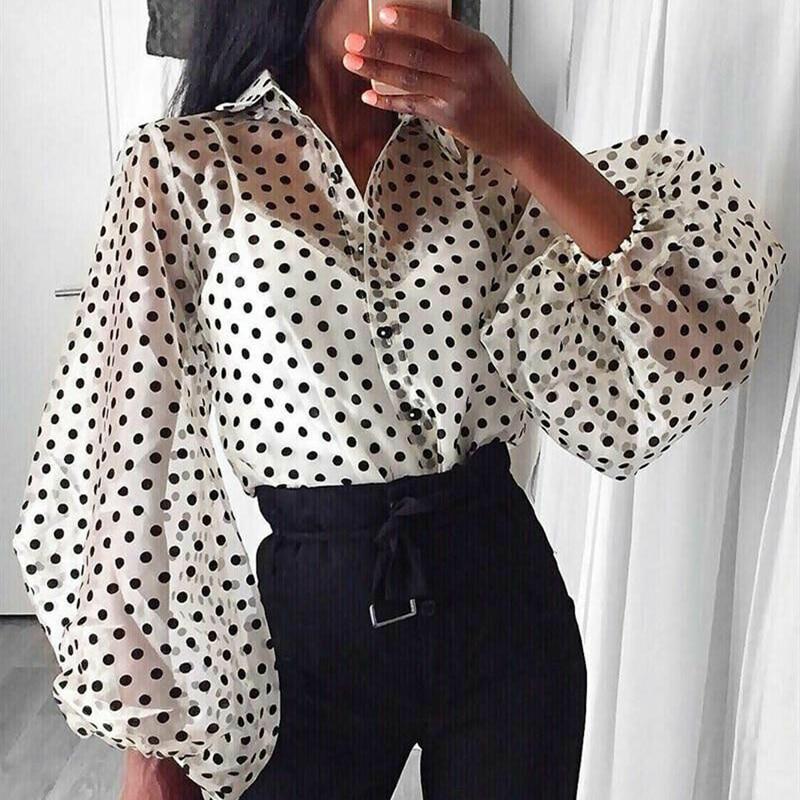 Polka Dot Retro Blouse Lady Early Autumn Modern Mesh Shirt Vogue See-through Loose Button  Puff Sleeve Blouse