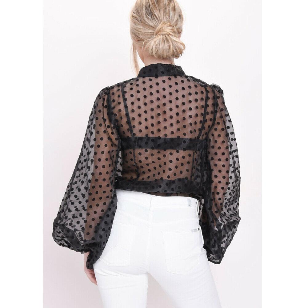 Polka Dot Retro Blouse Lady Early Autumn Modern Mesh Shirt Vogue See-through Loose Button  Puff Sleeve Blouse