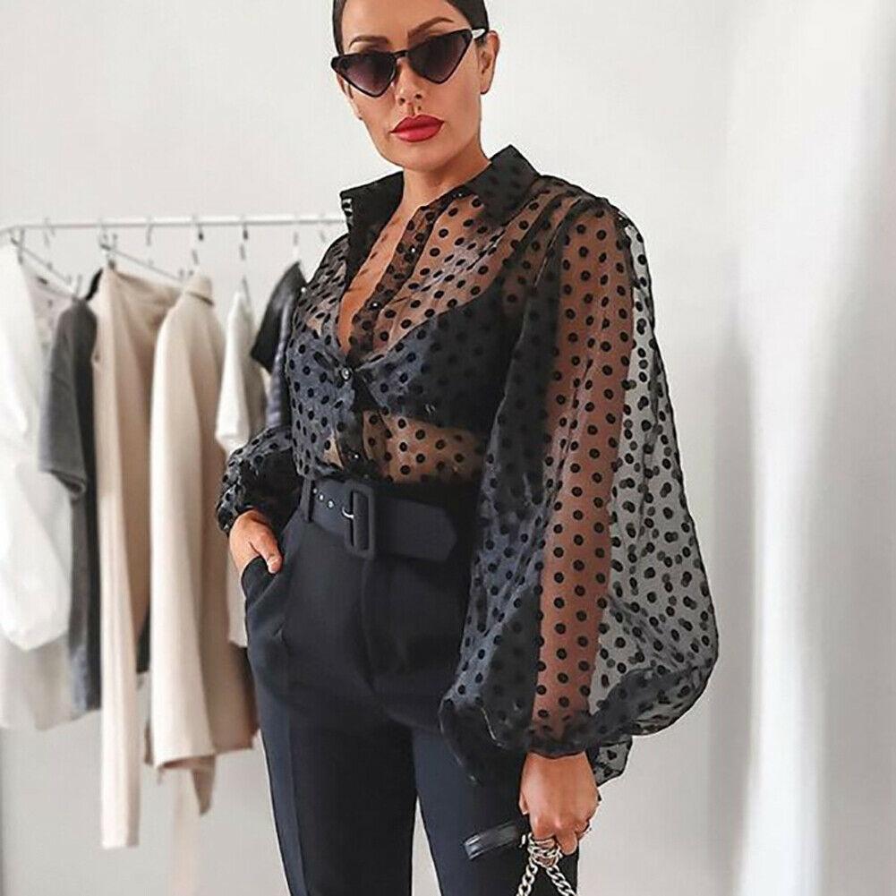 Polka Dot Retro Blouse Lady Early Autumn Modern Mesh Shirt Vogue See-through Loose Button  Puff Sleeve Blouse