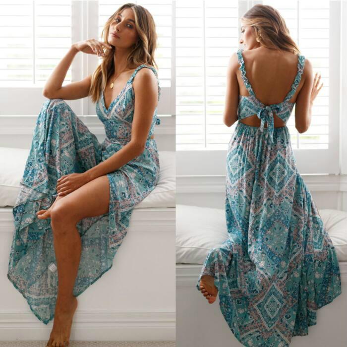 Women Sexy Backless Dress Summer Bohemian Floral Print Long Dresses Femal V Neck Vestidos Lady Casual Clothes