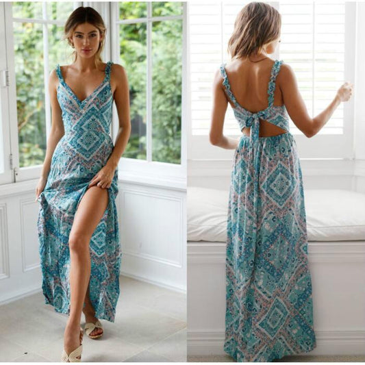 Women Sexy Backless Dress Summer Bohemian Floral Print Long Dresses Femal V Neck Vestidos Lady Casual Clothes