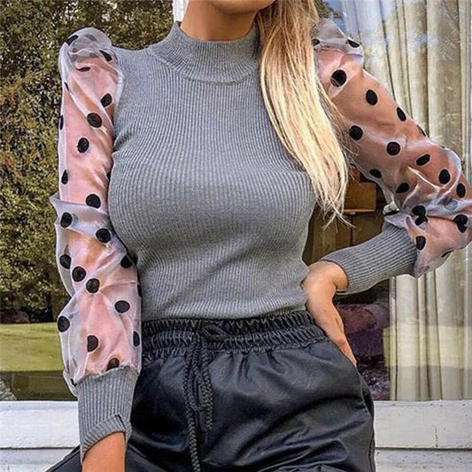 Women Spring Mesh Puff Long Sleeve Ribbed Knitted Shirt Loose Casual Polka Dots Blouse Tops