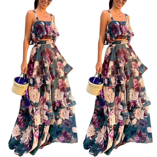 Women Summer Boho Beach Two Piece Set Sexy Skirt Set Crop Top+Maxi Long Skirt Floral Printed Ruffles High Waist Casual Two Piece