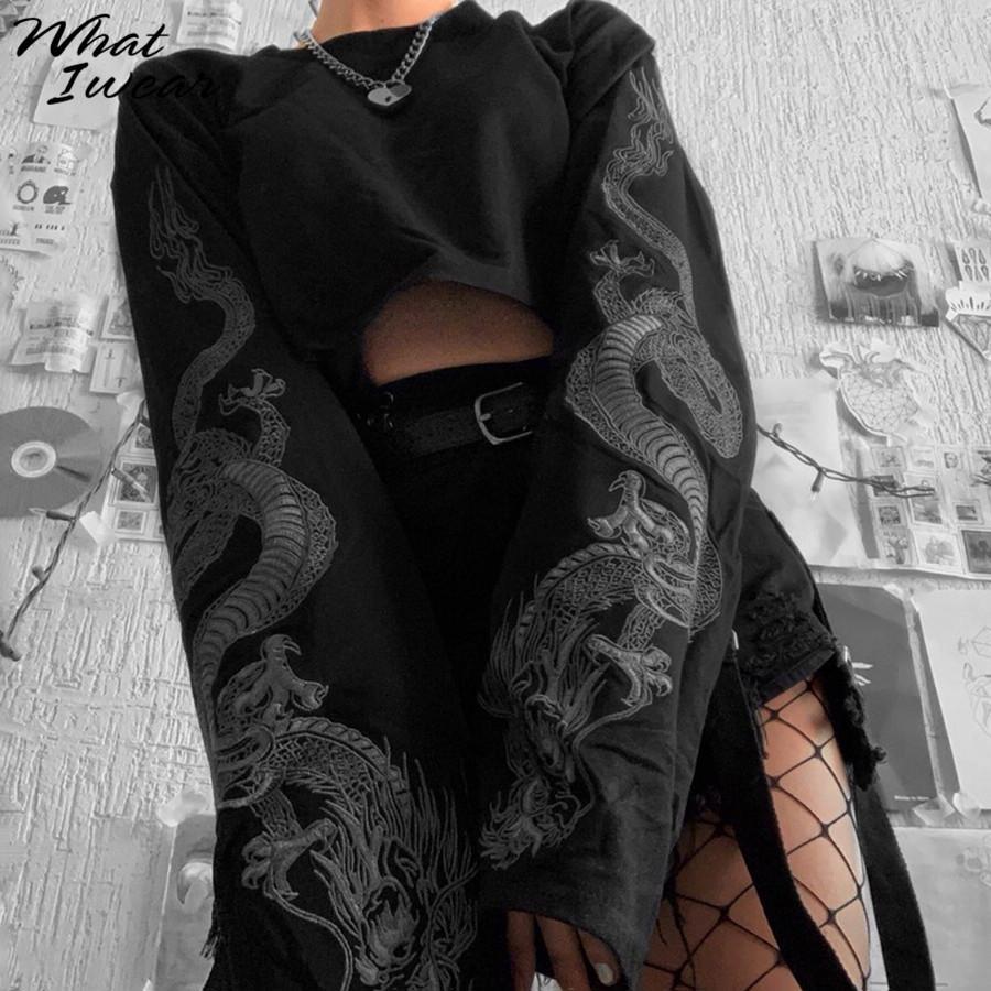 Women Dragon Print Hoodies Fashion Casual Female Loose Short Top Pullover Sweatshirts Streetwear New Autumn Outfit