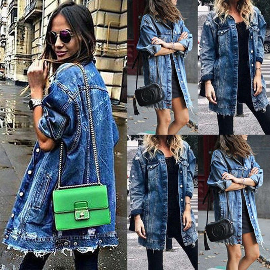 Women's Basic Coat Holes Baggy Denim Jacket Long Sleeve Loose Street Style Outwear