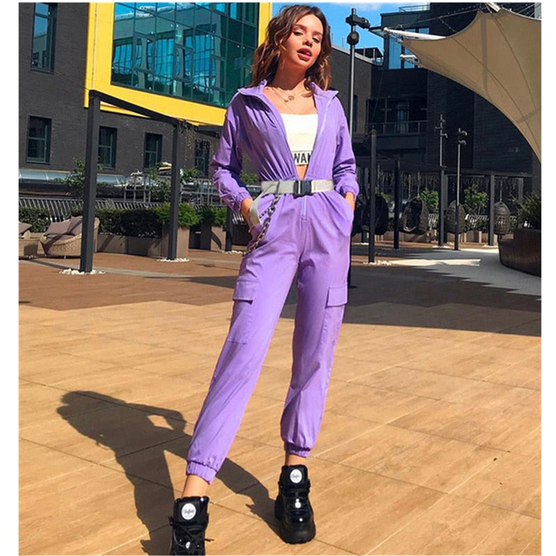 Purple Long Sleeve Zipper Bodycon PocketsJumpsuits