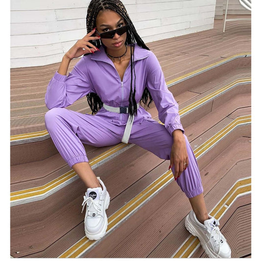 Purple Long Sleeve Zipper Bodycon PocketsJumpsuits