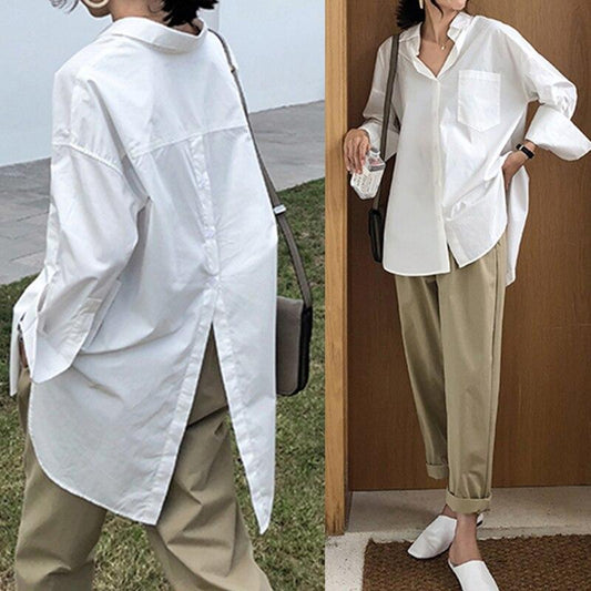 Women's Shirts Fashion Blouse Lapel Casual Solid Long Sleeve Buttons Asymmetric Tops