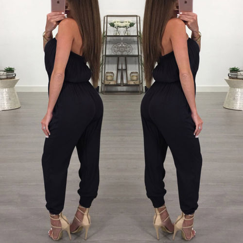 Black Off Shoulder High Waist Elastic Ankle Jumpsuits