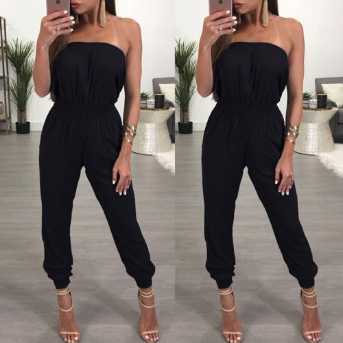 Black Off Shoulder High Waist Elastic Ankle Jumpsuits