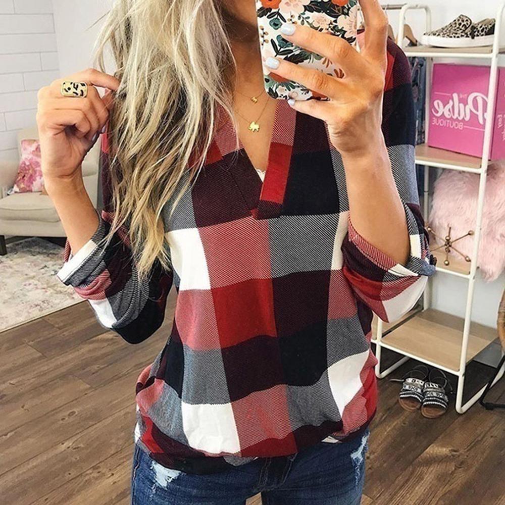 Womens Tops And Blouses Plus Size Autumn Women'S Plaid Blouse Shirts Sexy V Neck Female Blouses