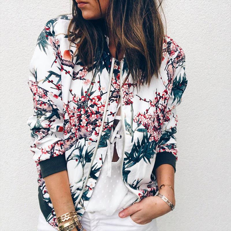 Fashion Retro Floral Print Women Coat Casual Zipper Up Bomber Jacket Ladies Casual Autumn Outwear Coats