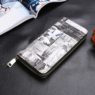 New Women Synthetic Leather Casual Vintage Style Print Zipper Long Wallet Purse