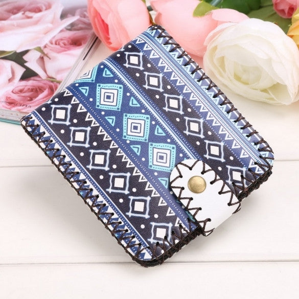 New Women Synthetic Leather Print Wallet Bifold Soft National Style Casual Short Purse