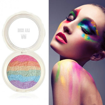 Baked Prism Rainbow Style Highlighter Powder Makeup Cosmetic Shimmer Blusher Palette With Mirror Eye Shadow Sponge