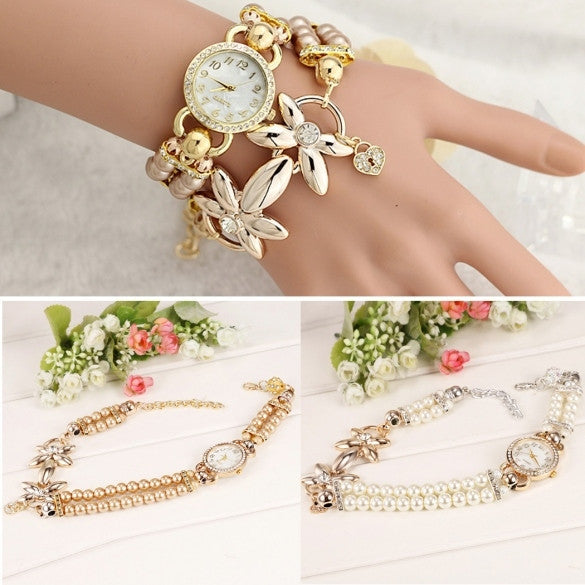 New Women Beads Band Wristwatch Round Analog Battery Charming Link Chain Casual Party Watch