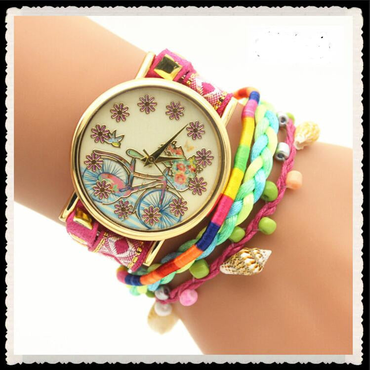 Personality Bike Print Woven Bracelet Watch