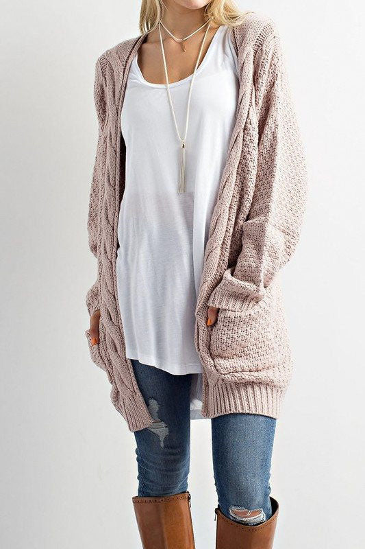 Cable Pockets Solid Color Long Cardigan