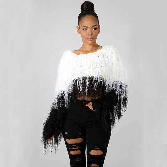 Colorbloock Fringe Crochet Cropped Sweater