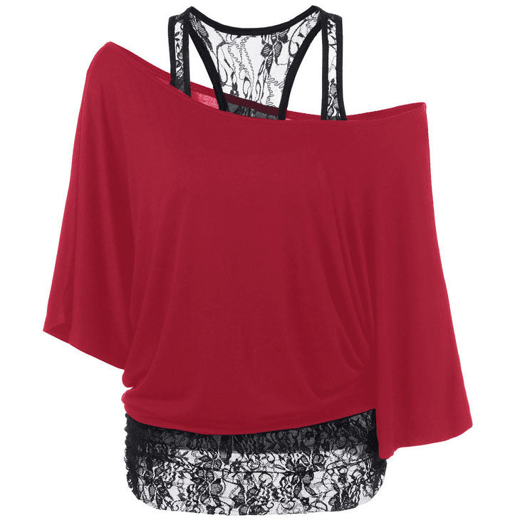 One Shoulder Batwing Sleeves Blouse with Lace Tank Top