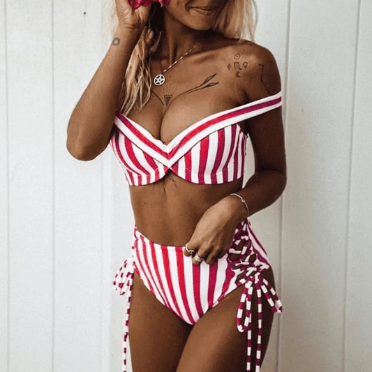 Stripes Bandeau Off Shoulder High Rise Triangle Bikinis