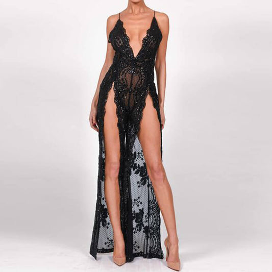 Glitter Mesh Flowy Split See THrough Jumpsuits