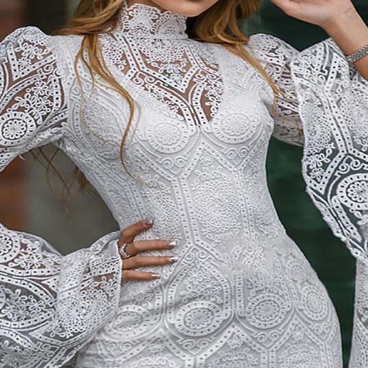 White Lace Sheer Wide Sleeve Bodycon Dress