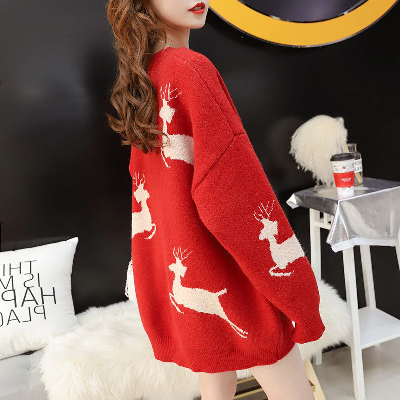 Loose Raglan Sleeve Reindeer Christmas Sweater