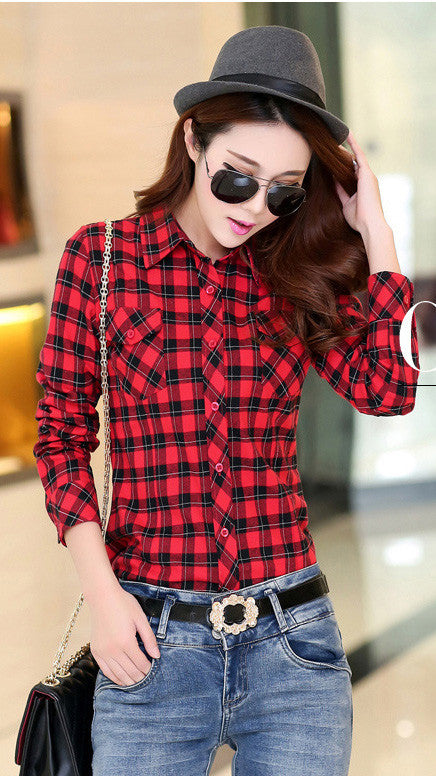 Turn-down Collar Plaid Flower Print Long Sleeves Slim Button Blouse