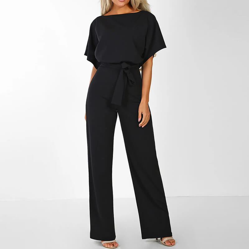 Short Sleeves Belt Wide Leg Jumpsuit