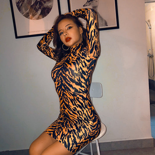 Tiger Skin Print Turtleneck Bodycon Long Sleeve Dress