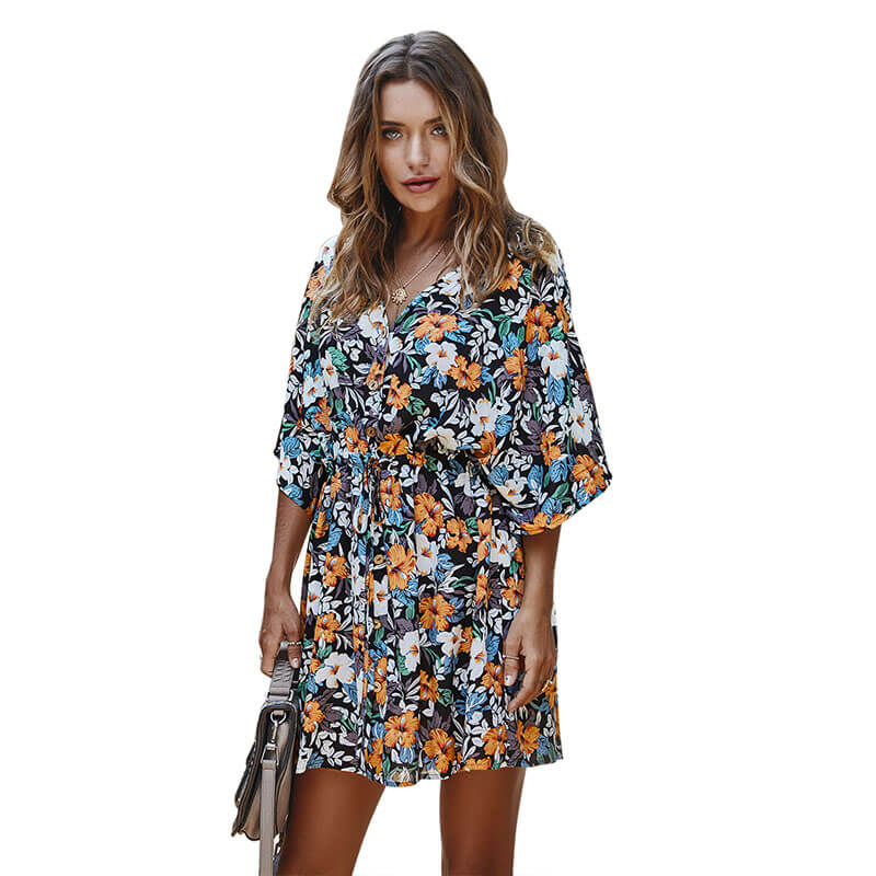 Half Sleeve Floral Dobby Short Beach Dress