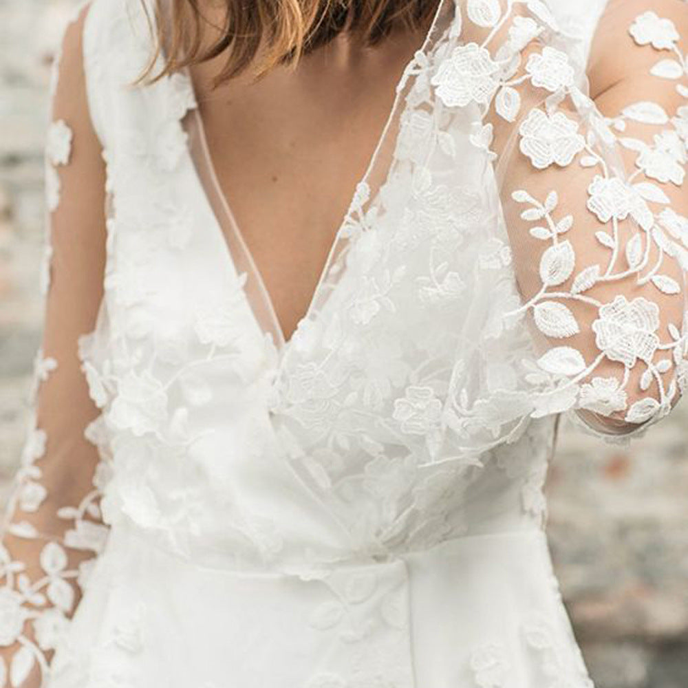 White Lace Sheer Wide Sleeve Backless Dress