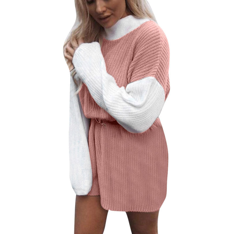 Loose Mock Neck Colorblock Knit Sweater Dress