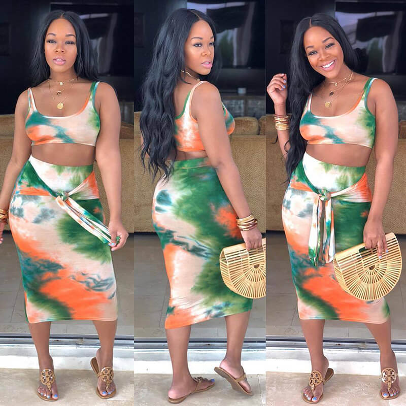 Spaghetti Straps Crop Top Calf Skirt Set