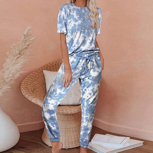 Pajamas Tie Dye Loose High Waist Bandage Short Sleeve Two Pieces Set