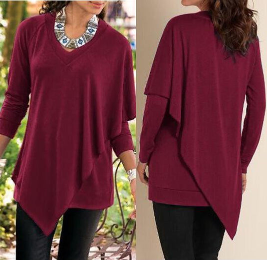 V-neck Pure Color False Two Picture Cloak Blouse