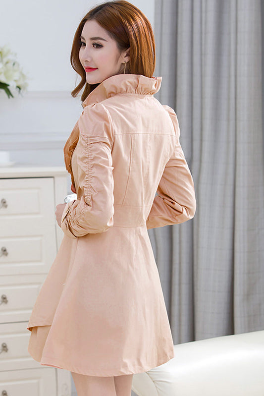 Ruffles High Neck Irregular Slime Button Long Coat