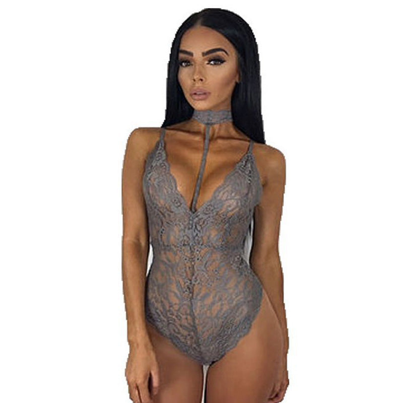 Sexy Lace Spaghetti Strap Halter Cutout Bodysuit