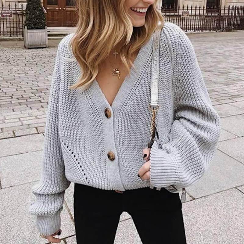 V Neck Sweater | Lantern Sleeve Sweater | Sweater With Bottons