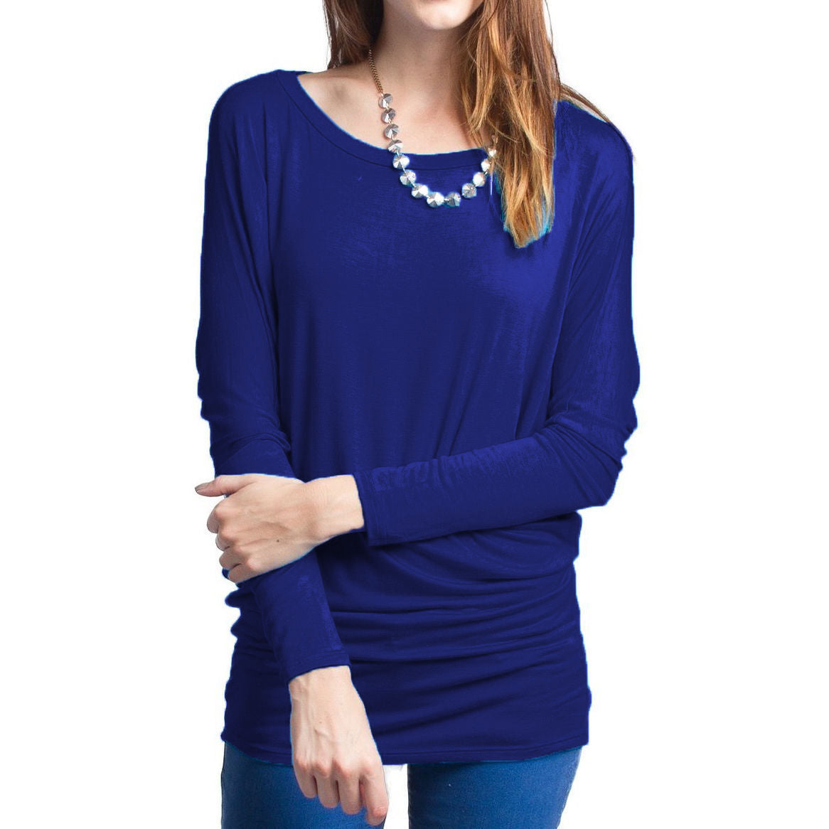 Scoop Pure Color Long Batwing Sleeves Loose Blouse