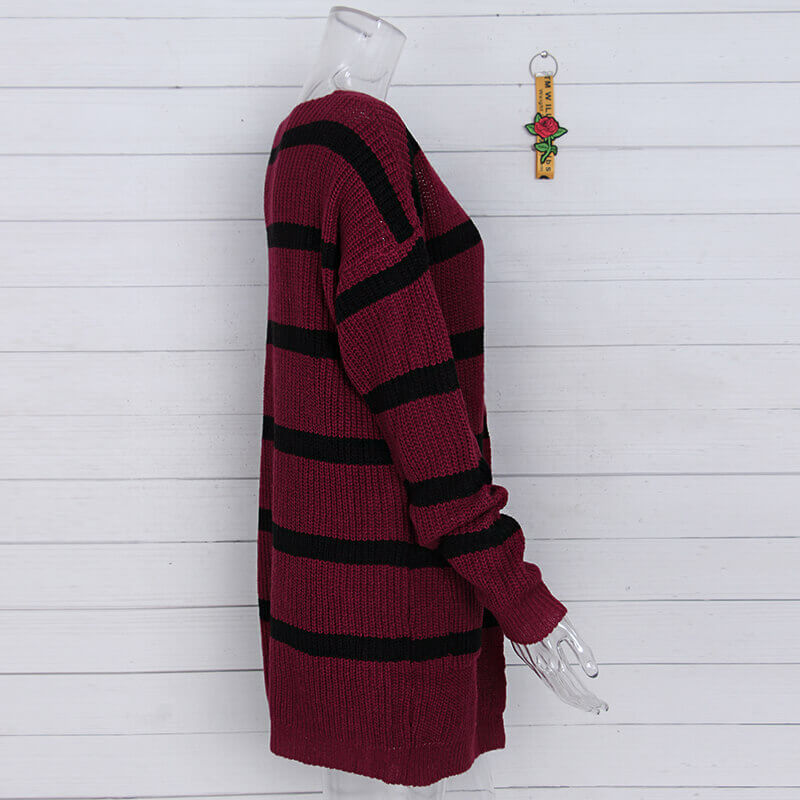 Knitted V Neck Striped Long Cardigan