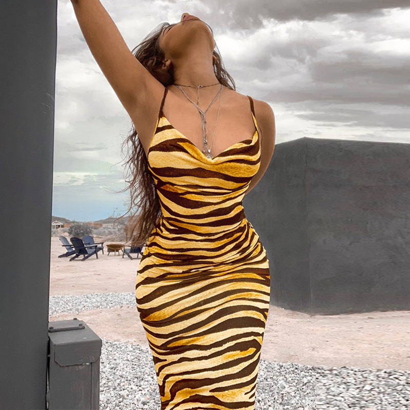 Spaghetti Strap Tiger Skin Backless Bodycon Dress