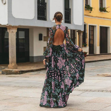 Retro Floral Backless Maxi Dress