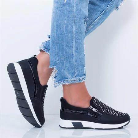 Fashion Chunky Leather Rhinestone Zipper Sneakers